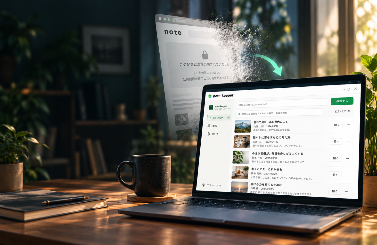 書斎のデスクとnote-keeperを使うノートPC。大切な記事を手元に残すイメージ。